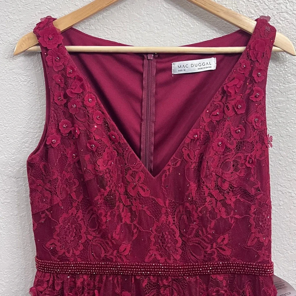 NEW $698 MAC DUGGAL 67710 BURGUNDY FLORAL RUFFLED TIERED SLEEVELESS GOWN Sz 10 - Picture 6 of 16